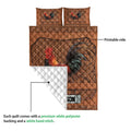 Rooster quilt blanket shown with its printed front design and white quilted backing