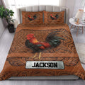 Rooster quilt bedding set styled in a bright bedroom with ornate brown patterns and colorful rooster artwork