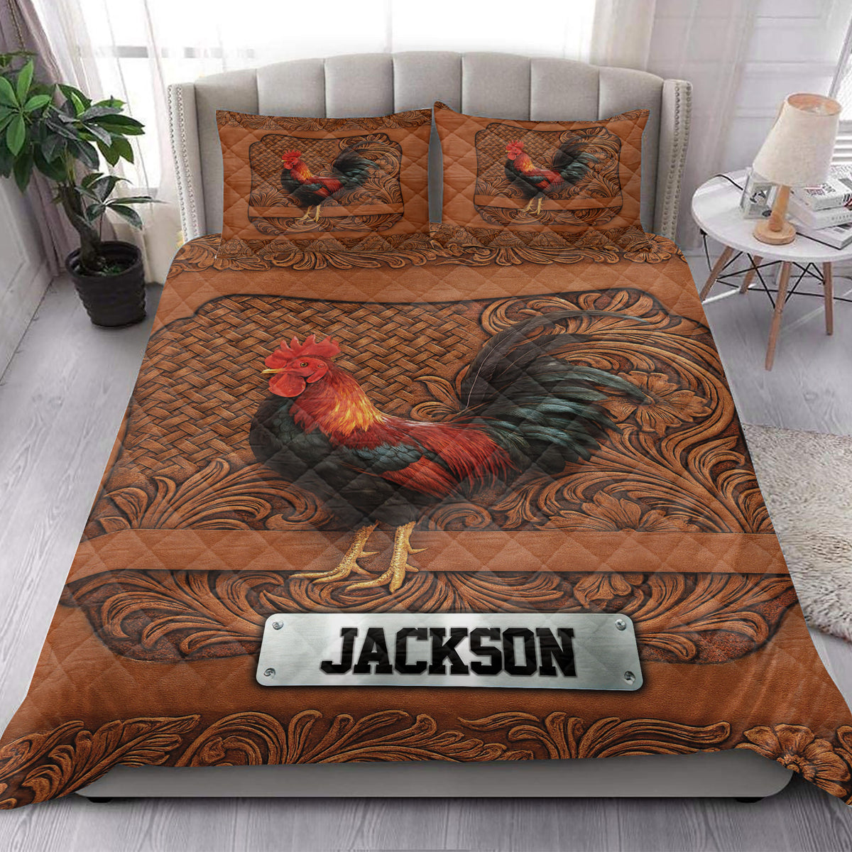 Rooster quilt bedding set styled in a bright bedroom with ornate brown patterns and colorful rooster artwork