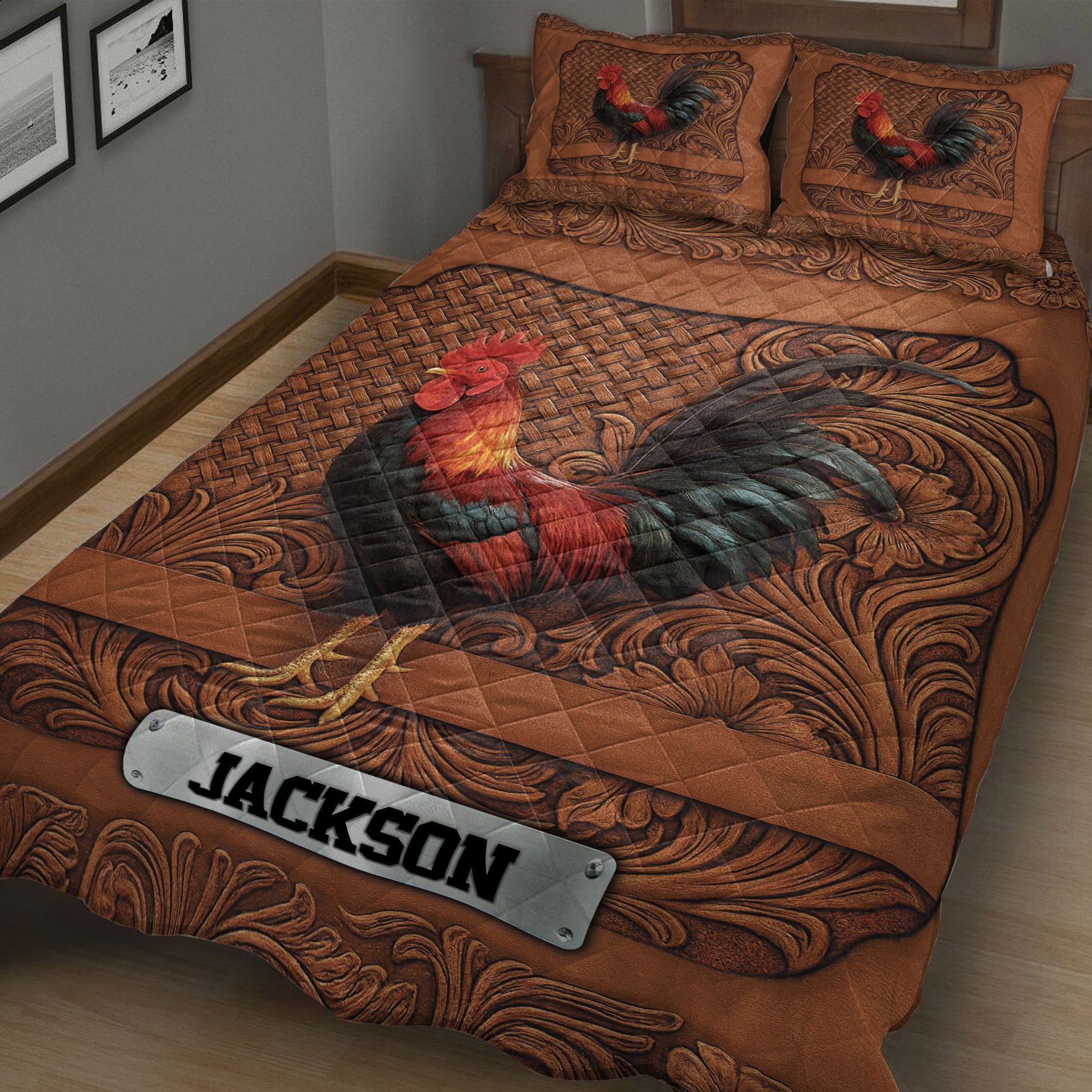 Close bedroom view of a rooster quilt blanket featuring detailed feathers, warm brown tones, and decorative flourishes