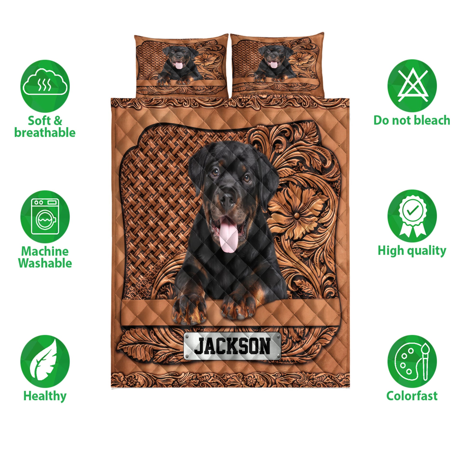 Rottweiler quilt bedding set shown front-facing with brown decorative artwork and product feature icons