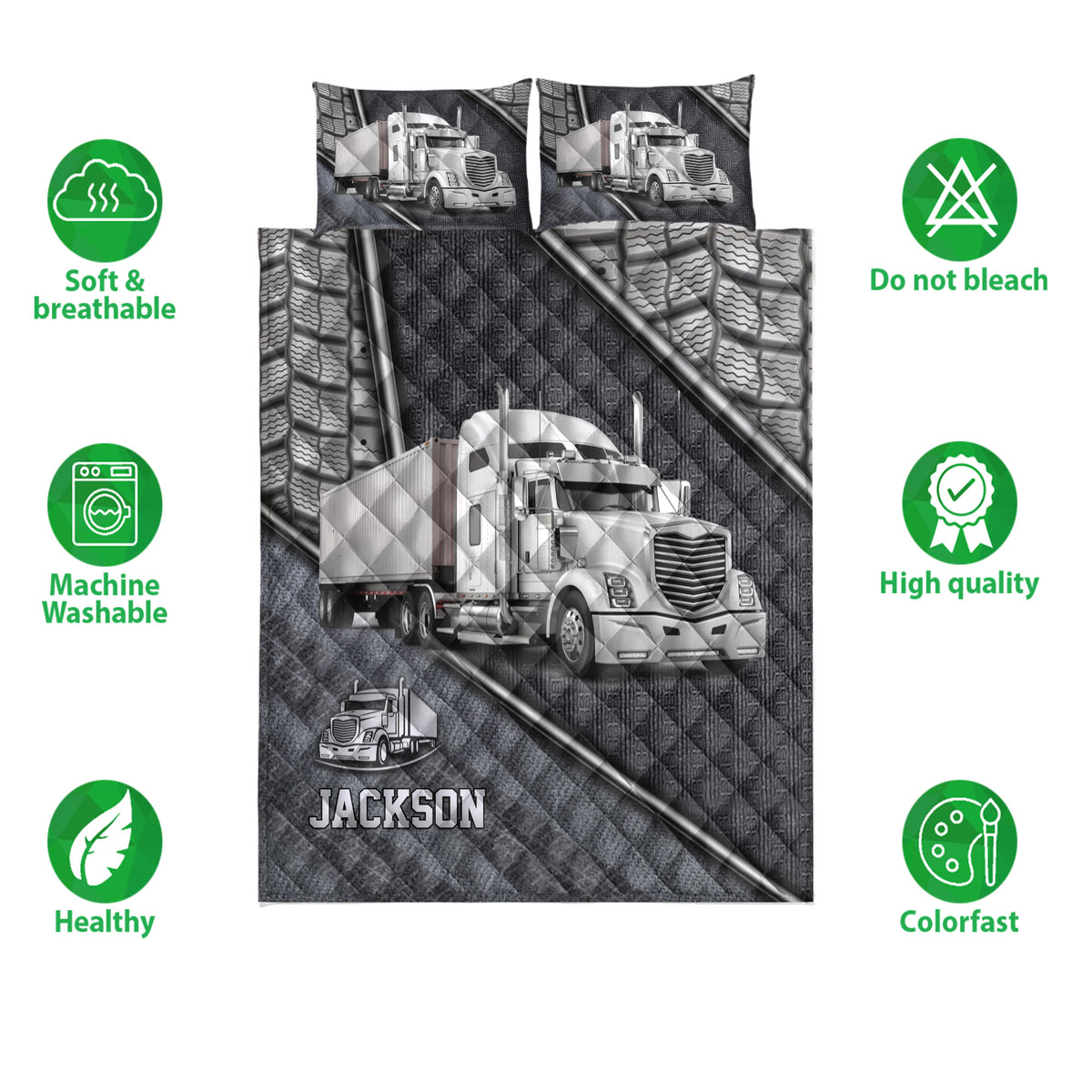 Semi-truck quilt bedding set shown with matching truck artwork and product feature icons
