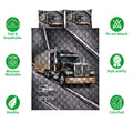 Trucker quilt bedding set with semi-truck artwork and product feature icons