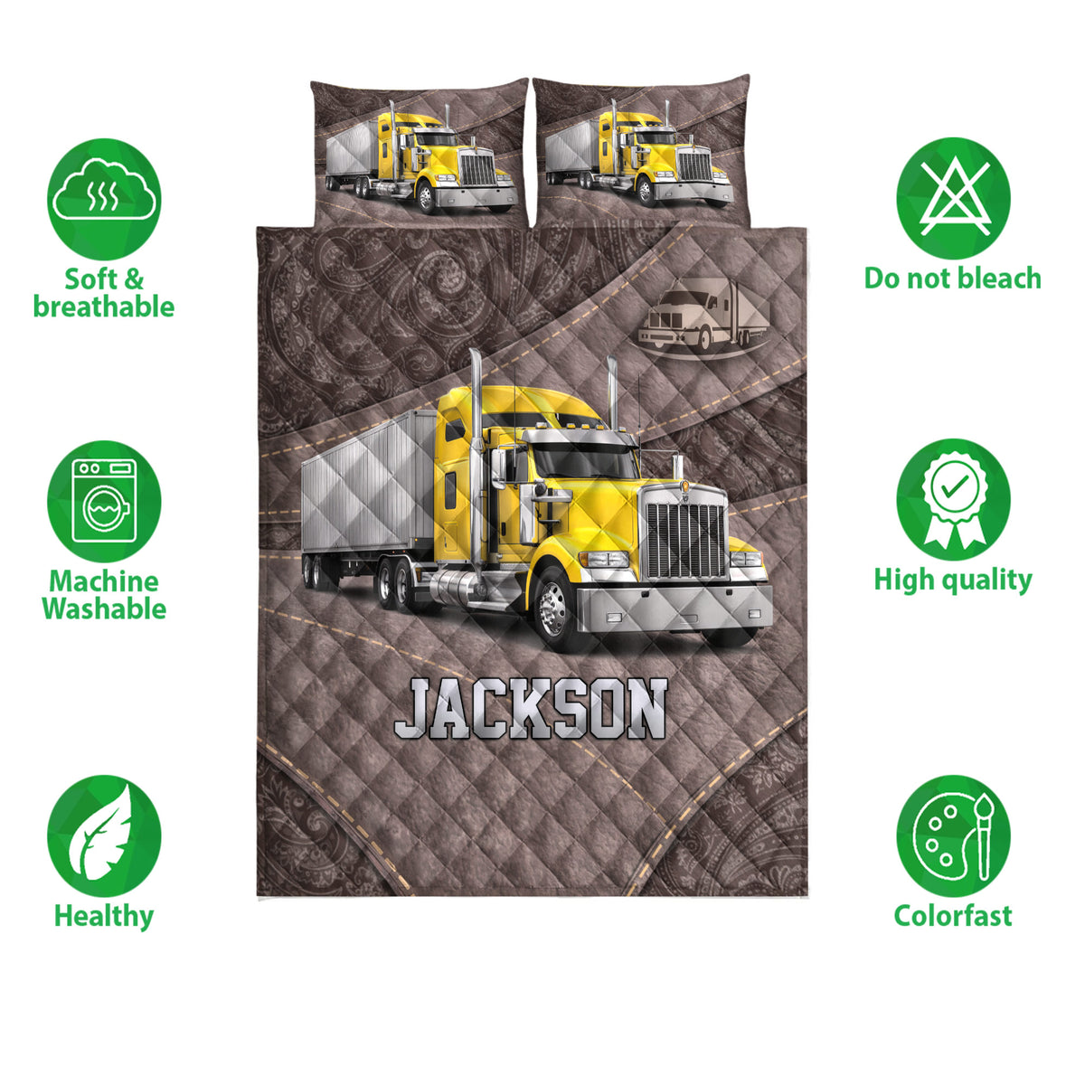 Yellow semi-truck quilt bedding set displayed with soft breathable and care feature icons