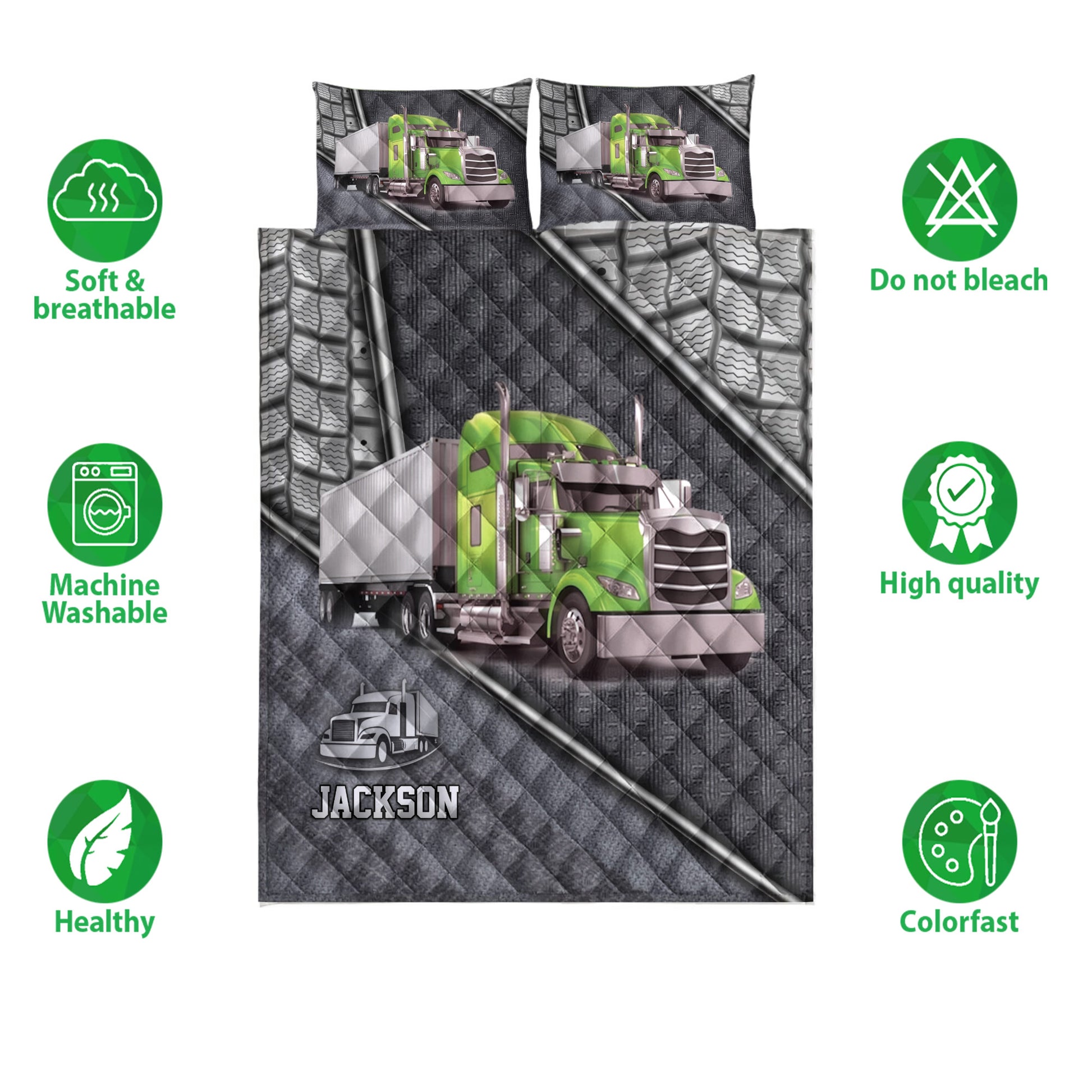 Trucker quilt bedding set with green semi-truck artwork shown alongside product care and quality feature icons