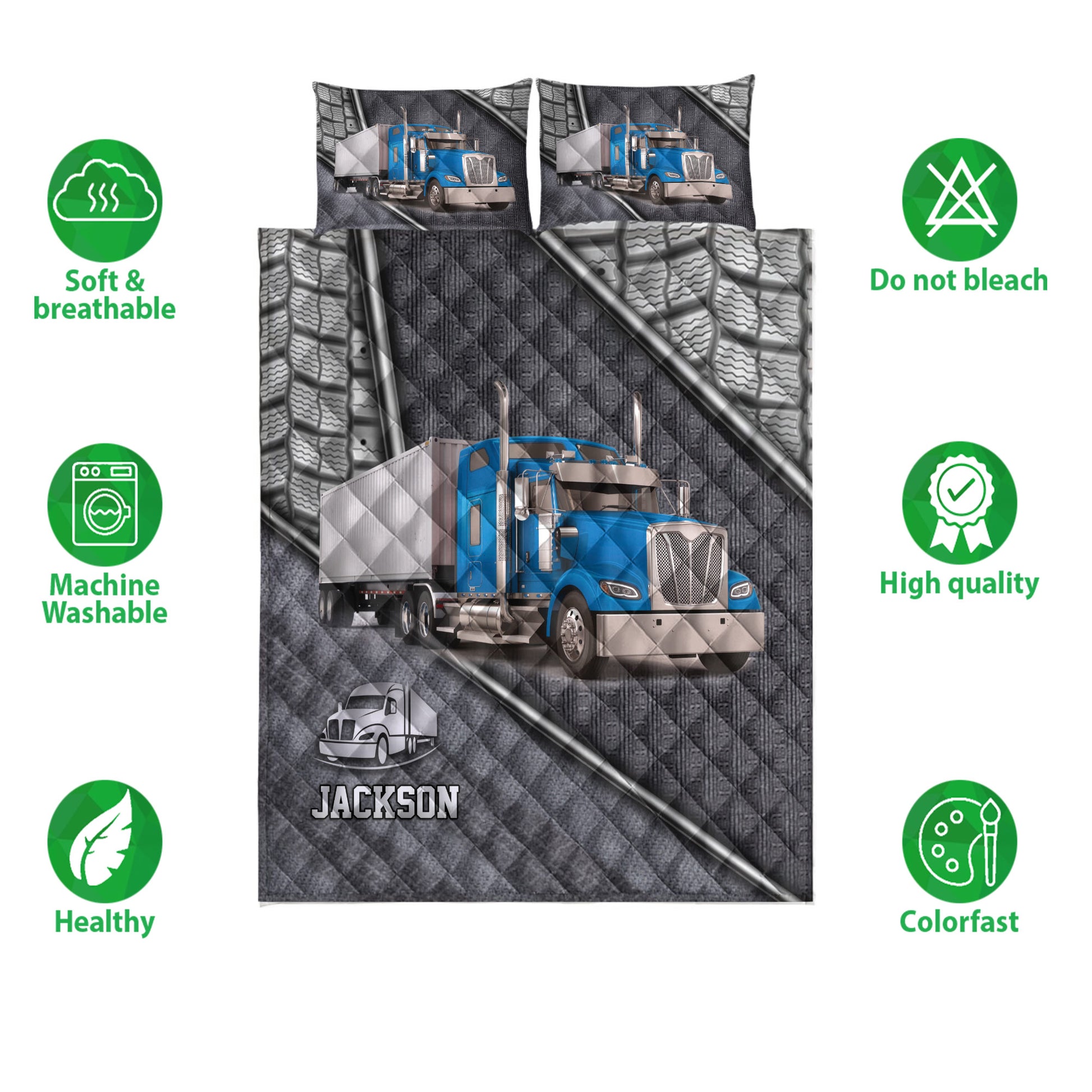 Trucker quilt bedding set featuring blue semi truck artwork, matching pillowcases, and product feature icons