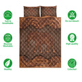 Elephant quilt bedding set shown with brown floral artwork and visual feature callouts
