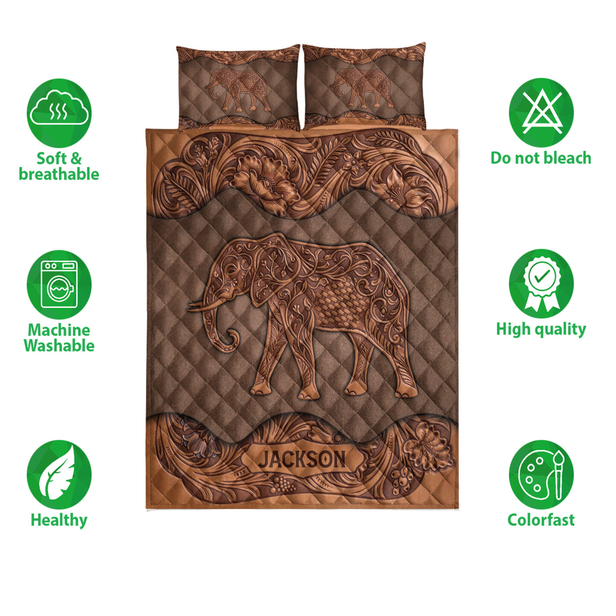 Elephant quilt bedding set shown with brown floral artwork and visual feature callouts