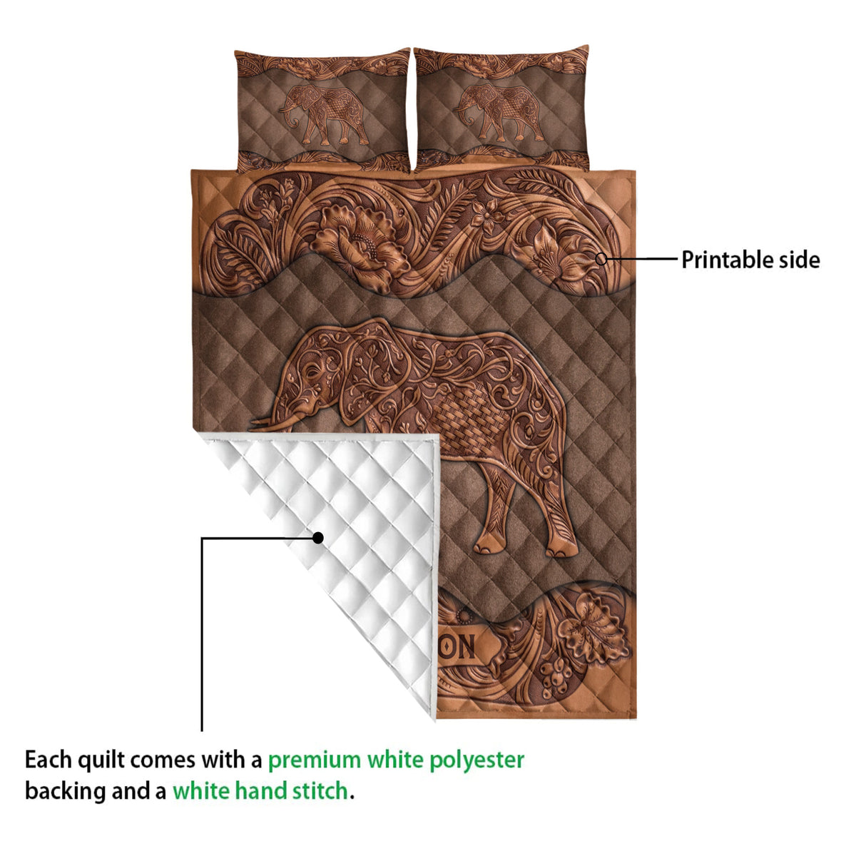Elephant quilt blanket showing the printed front, white quilted backing, and stitched construction