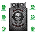Skull quilt blanket and pillow design shown with soft, washable, quality, and colorfast feature icons