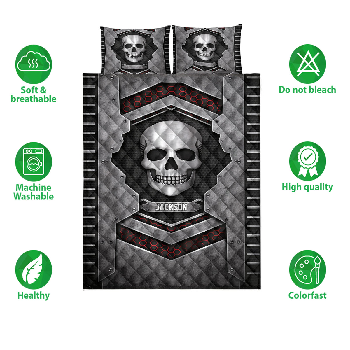 Skull quilt blanket and pillow design shown with soft, washable, quality, and colorfast feature icons