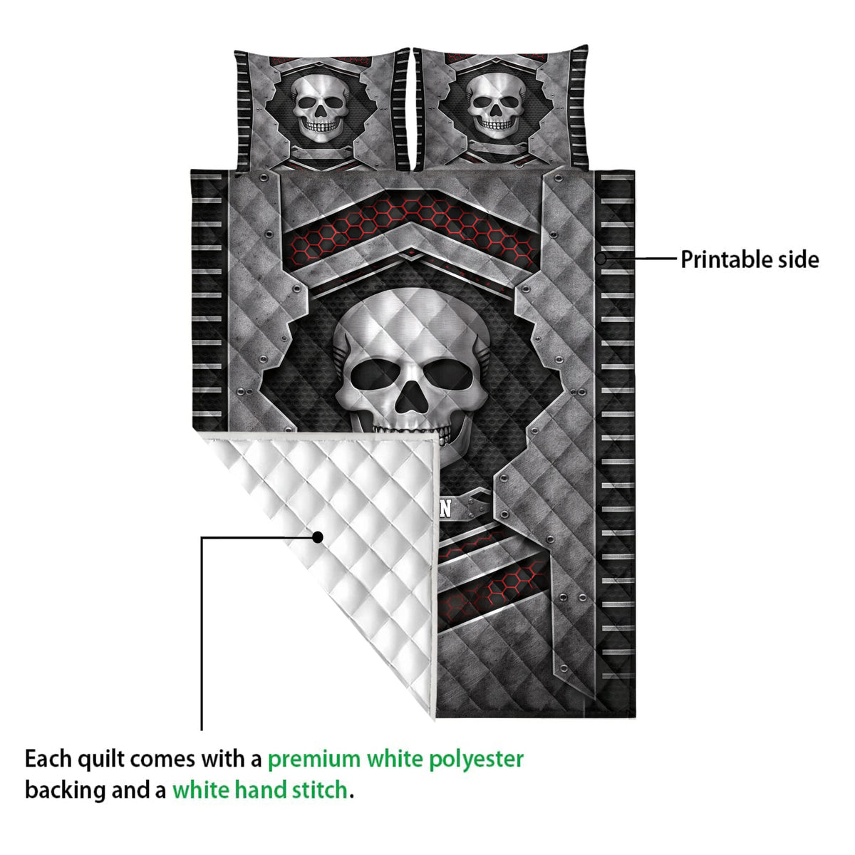 Skull quilt blanket showing the printed front and white quilted backing in a construction detail view
