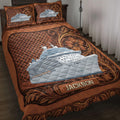 Cruise ship quilt blanket displayed on a bed with ornate brown floral and woven-pattern artwork