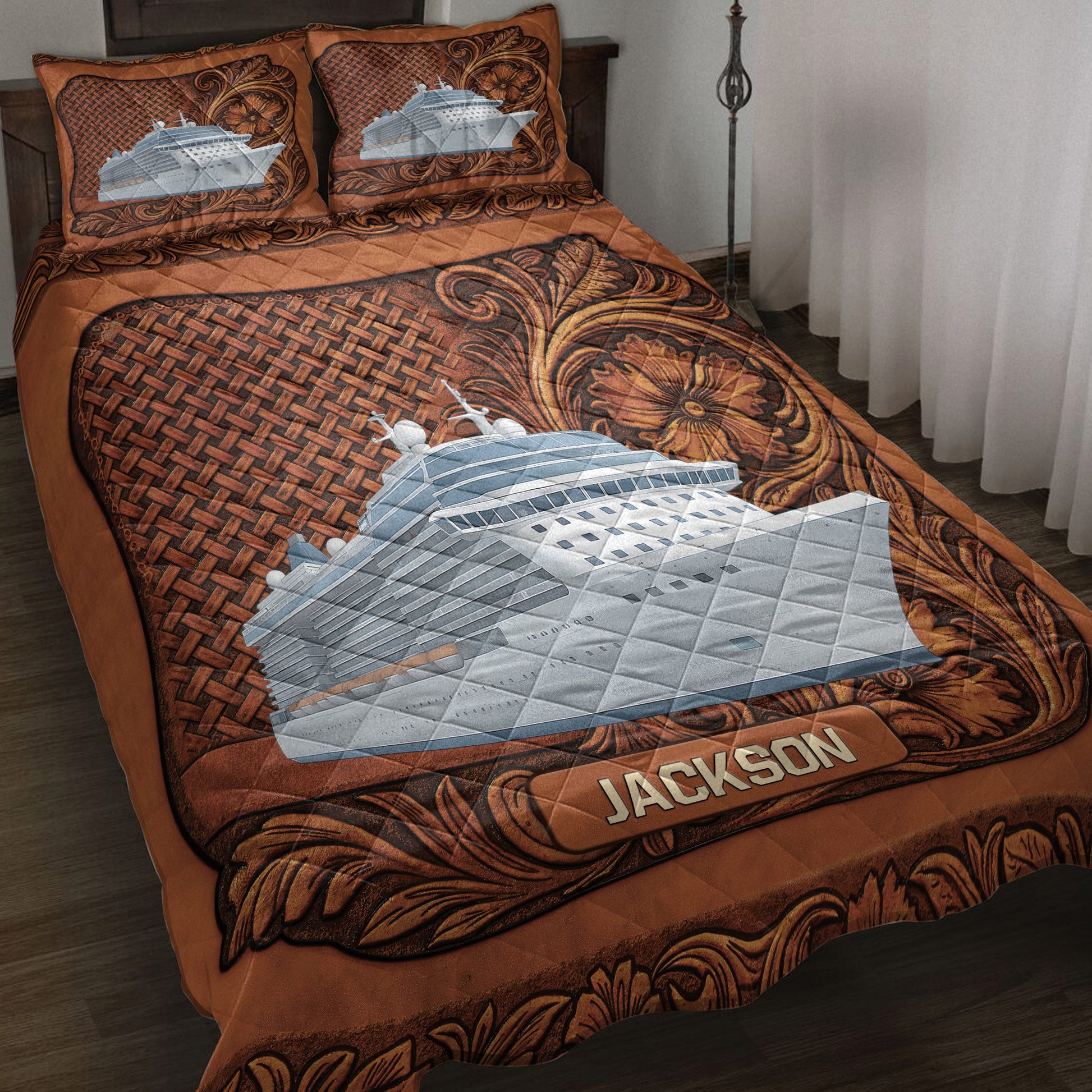 Cruise ship quilt blanket displayed on a bed with ornate brown floral and woven-pattern artwork
