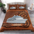 Cruise ship quilt bedding styled in a bright bedroom with ornate brown floral borders