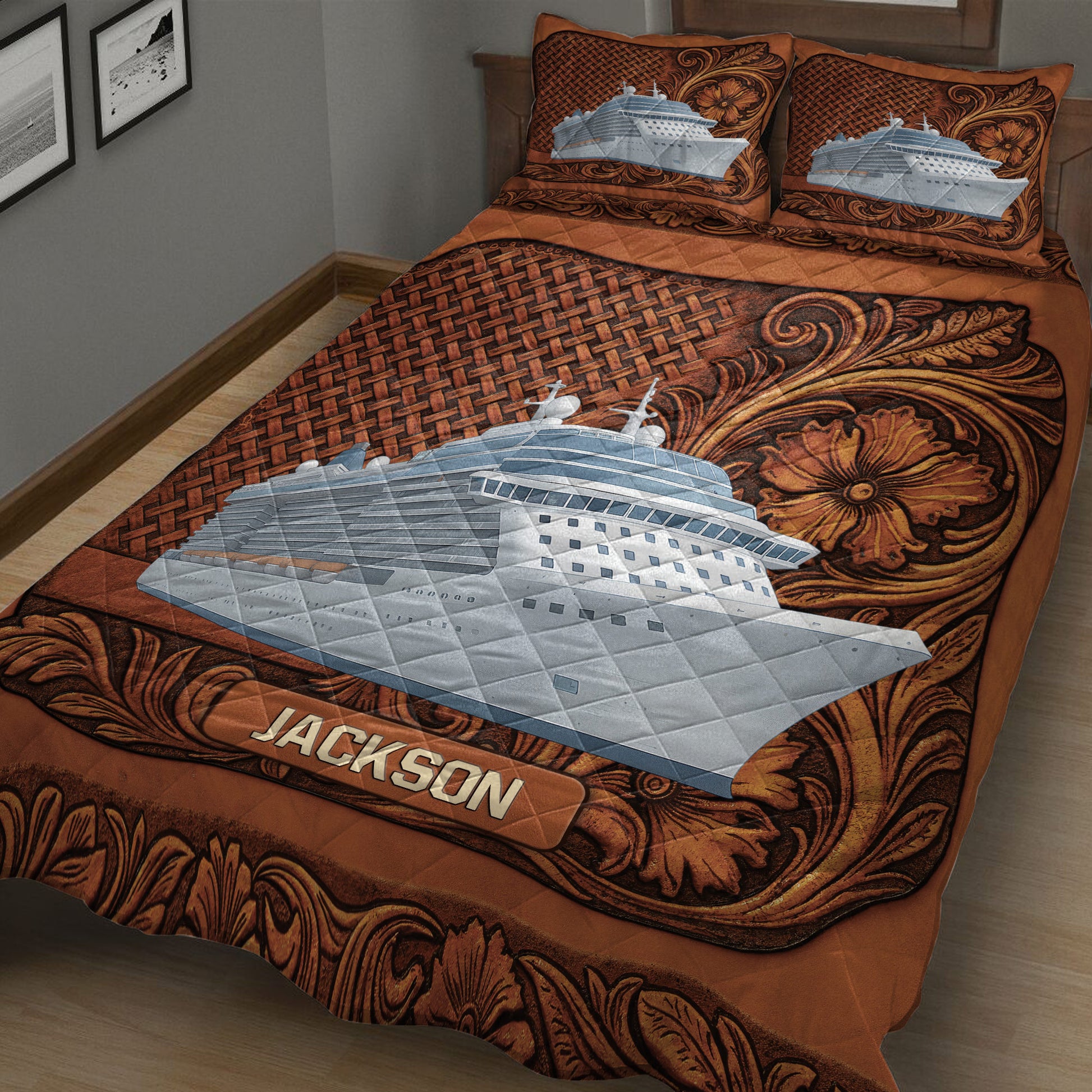 Close view of cruise ship quilt blanket with detailed ocean liner artwork and rich brown decorative patterns