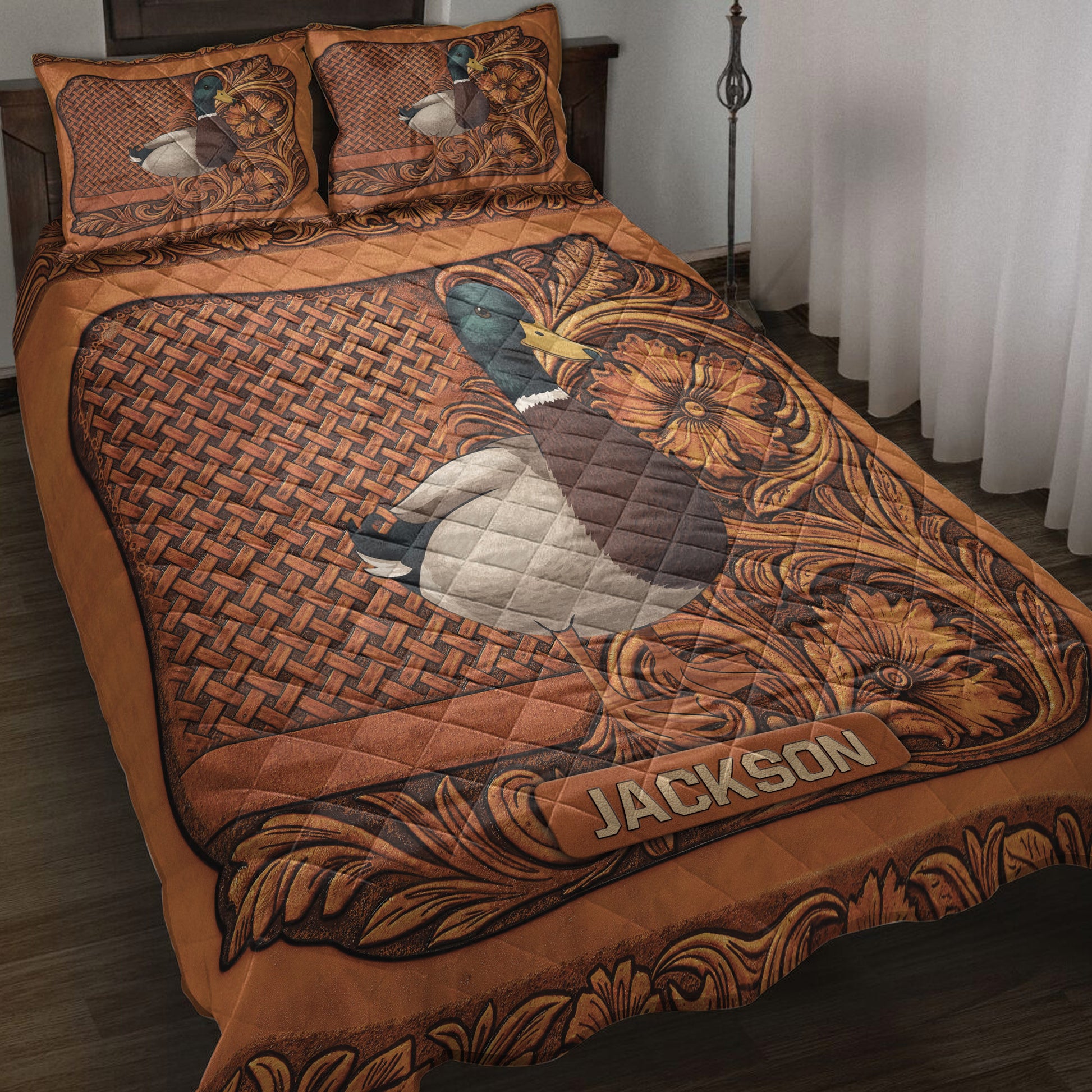 Rustic hunting quilt blanket featuring a mallard duck, woven texture, floral scrollwork, and warm brown tones