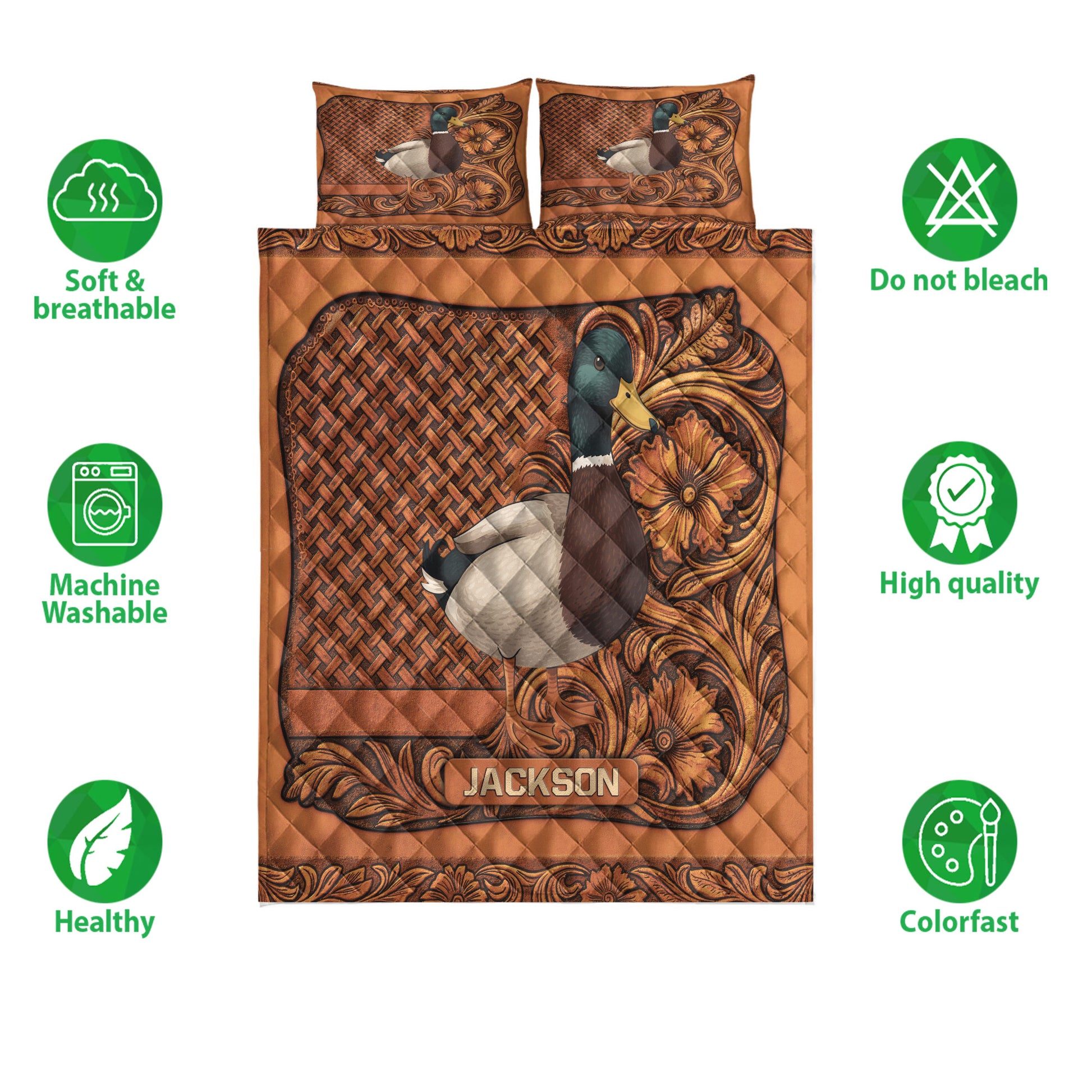 Mallard duck quilt bedding set shown front-facing with ornate floral artwork and warm copper-brown colors
