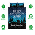 Camping quilt bedding set with camper and forest artwork shown alongside feature and care icons