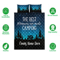 Camping quilt bedding set displayed with camper and forest artwork in deep blue and turquoise tones