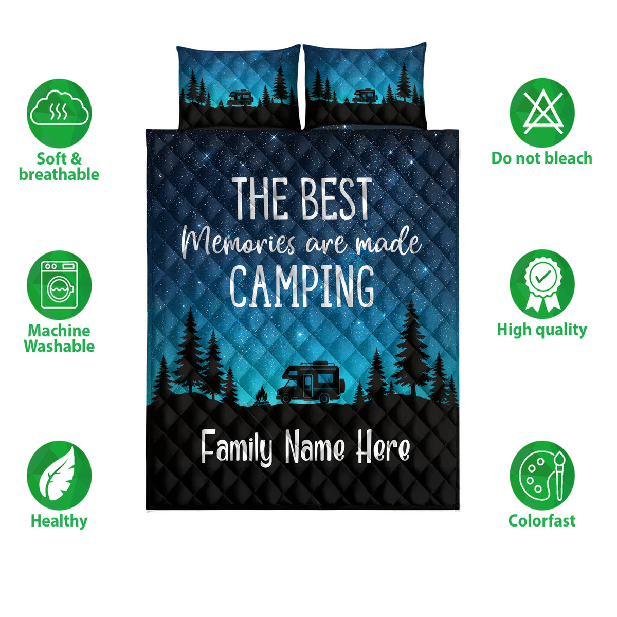 Camping quilt bedding set displayed with camper and forest artwork in deep blue and turquoise tones