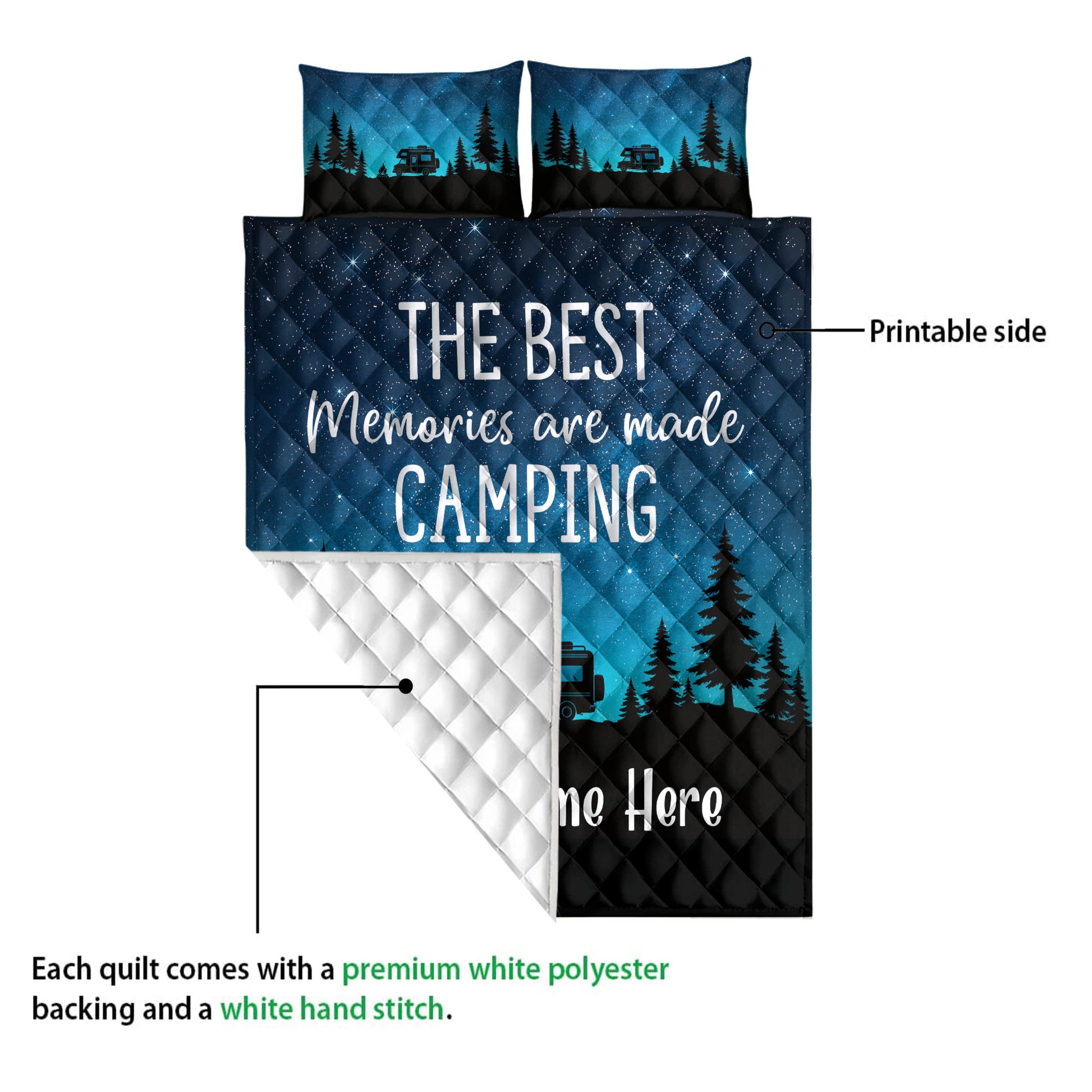 Camping quilt showing the colorful printed side, white quilted reverse, camper, pine trees, and night sky