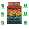 Camping quilt bedding set shown with colorful mountain landscape, travel trailer, moon, stars, and care feature icons