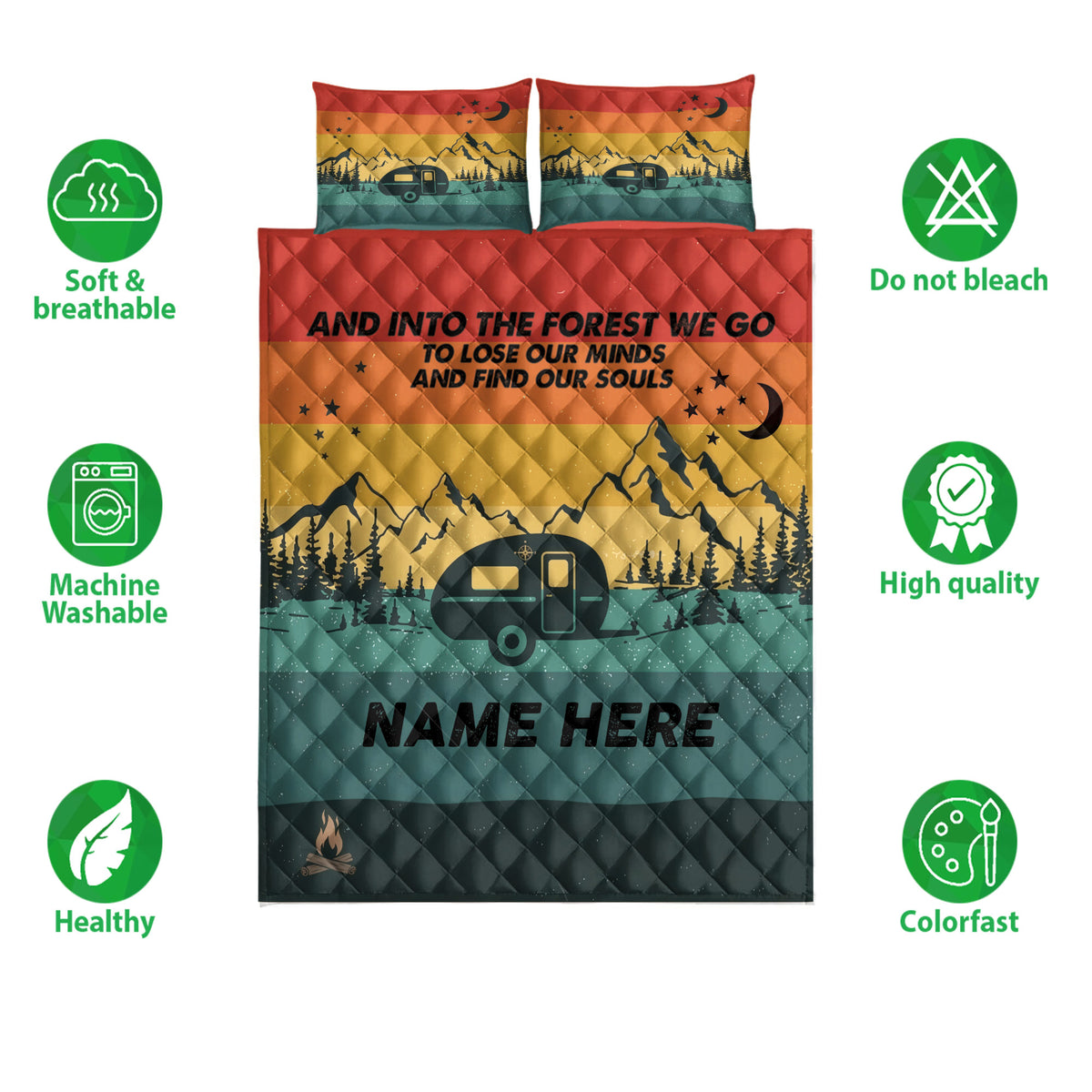 Camping quilt bedding set shown with colorful mountain landscape, travel trailer, moon, stars, and care feature icons