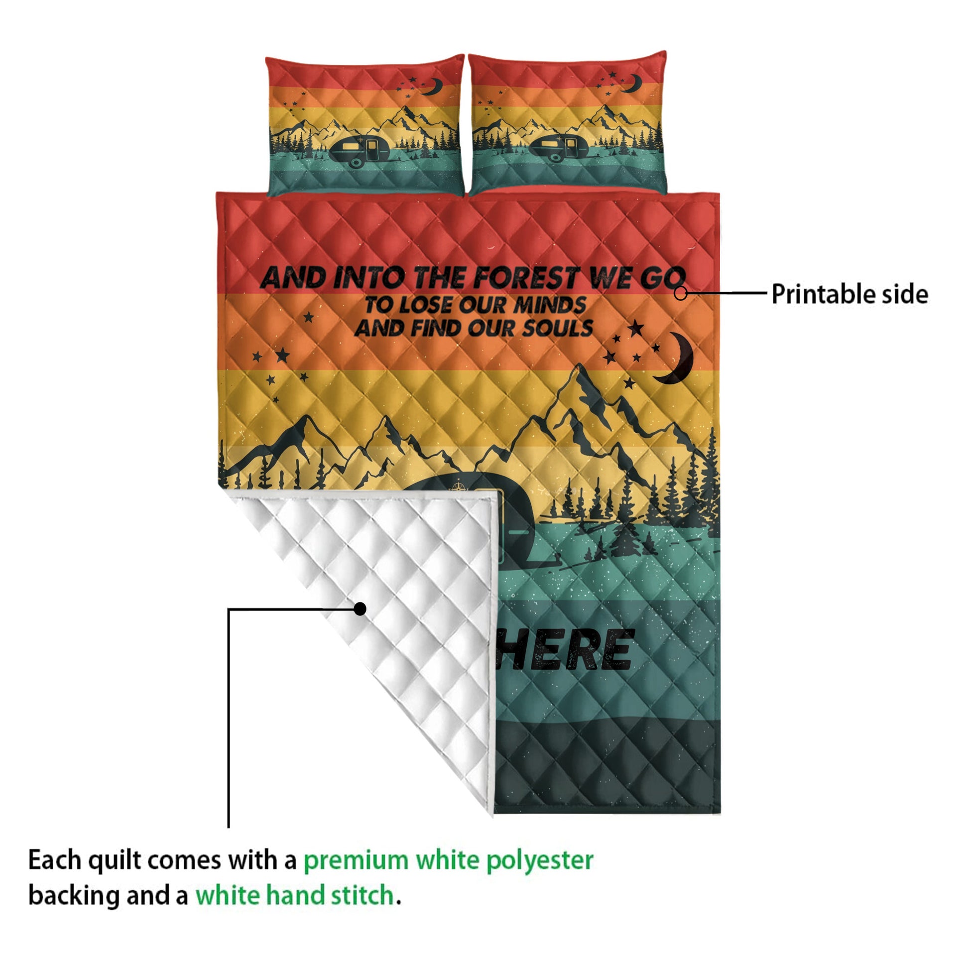 Camping quilt detail showing the vibrant printed mountain landscape side and white quilted backing