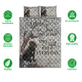 Cane Corso quilt bedding set shown with dog artwork, floral branches, and product feature icons