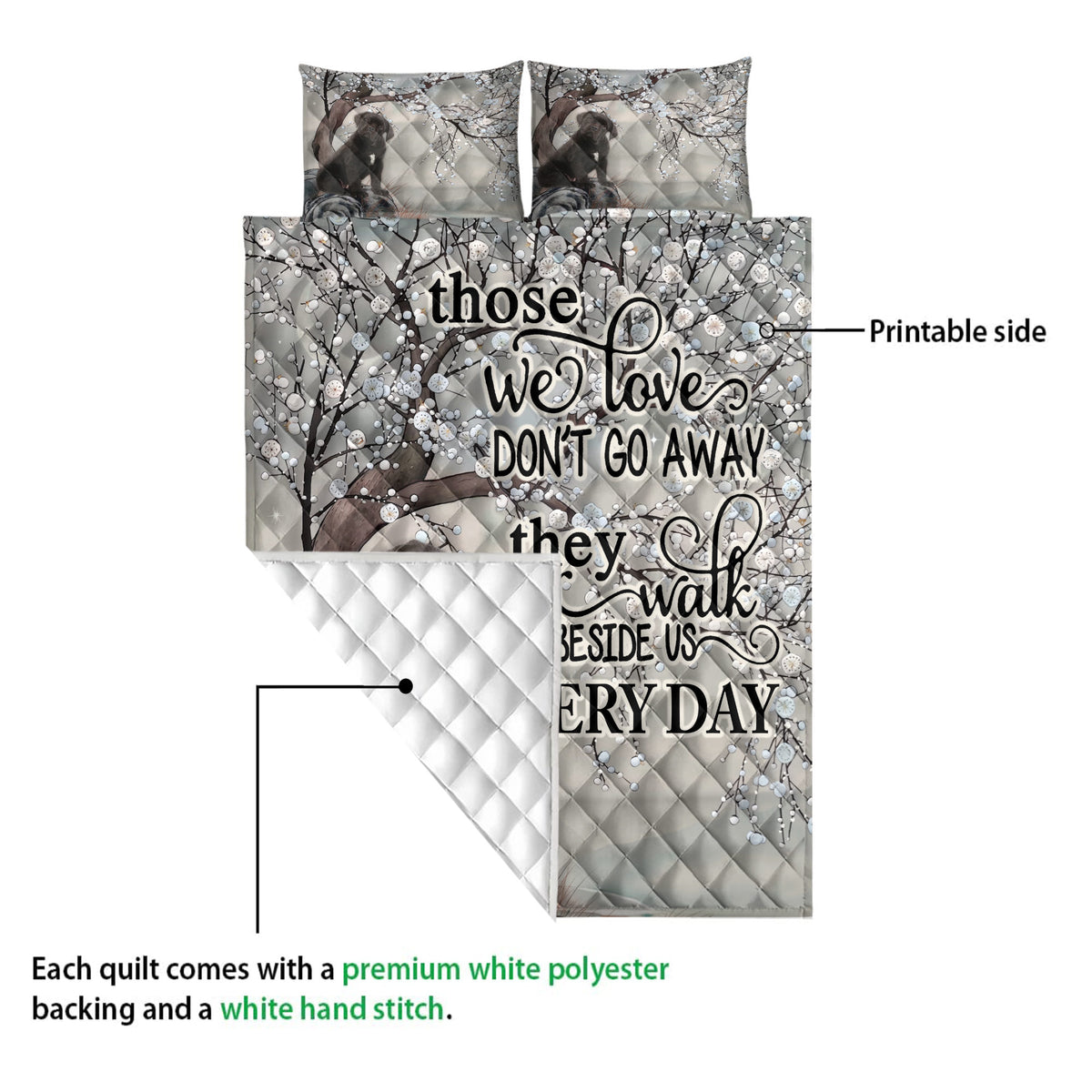 Cane Corso quilt showing a printed floral dog design and white quilted backing