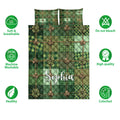 Irish green tartan quilt bedding set with shamrock pattern and product feature icons