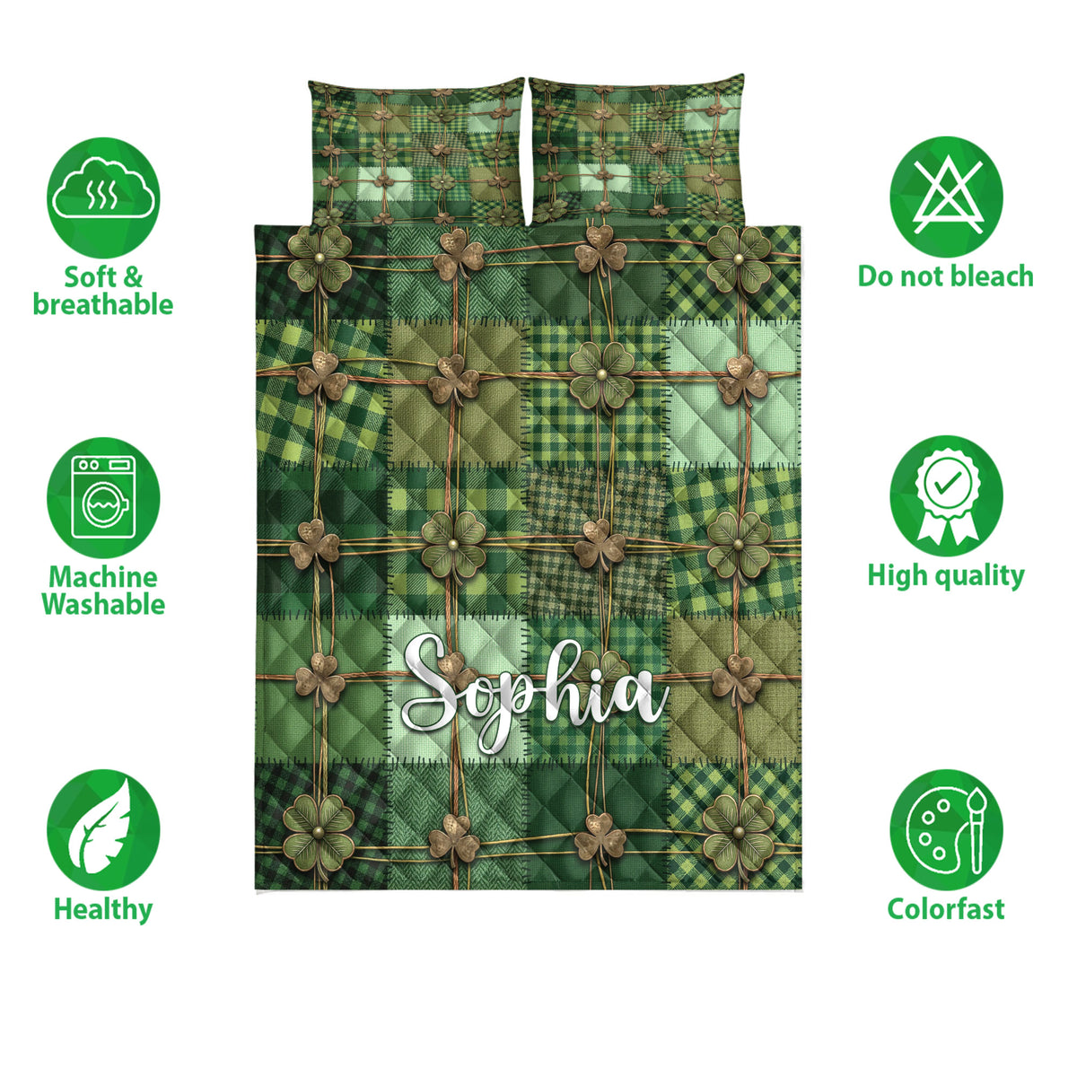 Irish green tartan quilt bedding set with shamrock pattern and product feature icons
