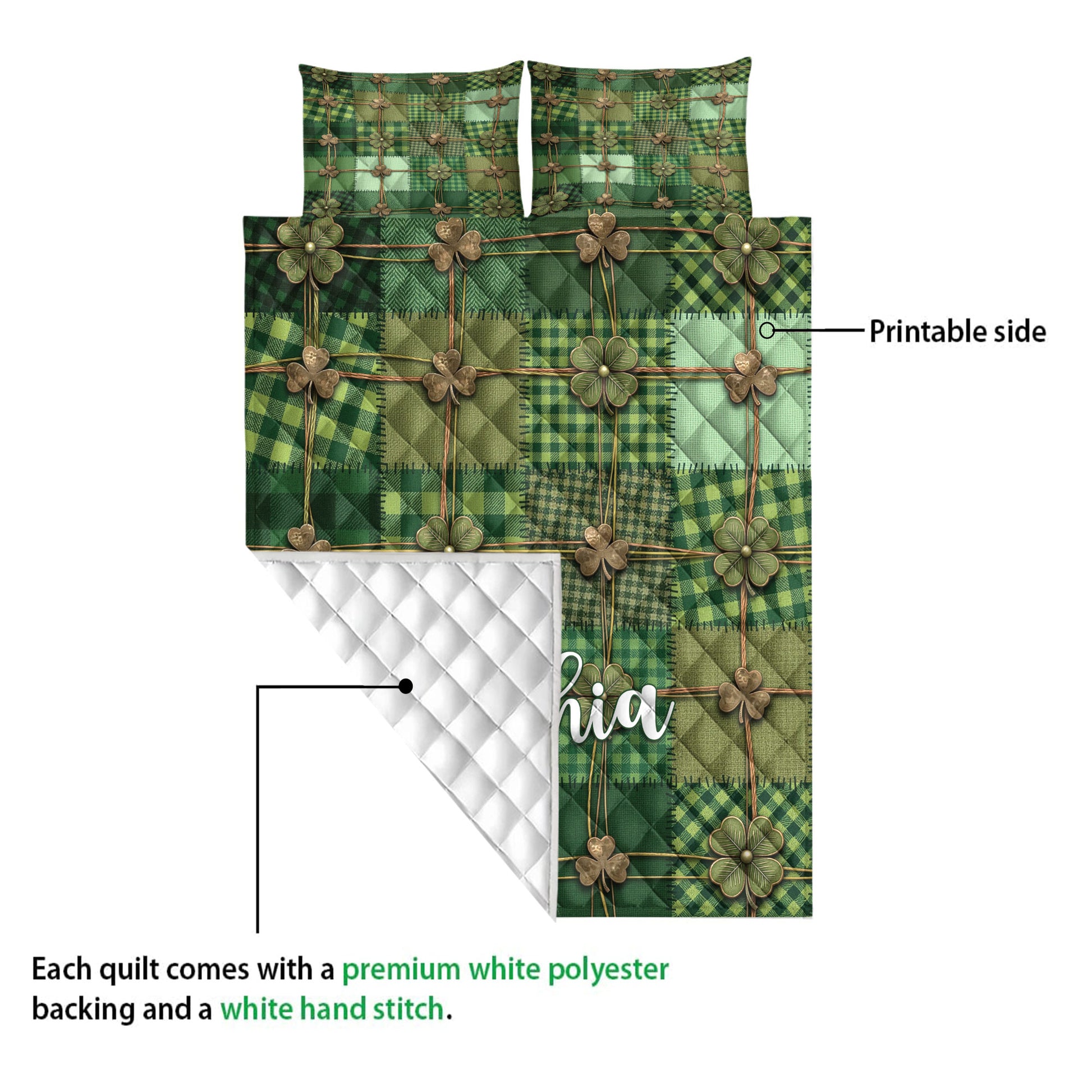 Irish quilt blanket detail showing printed green tartan front and white quilted backing