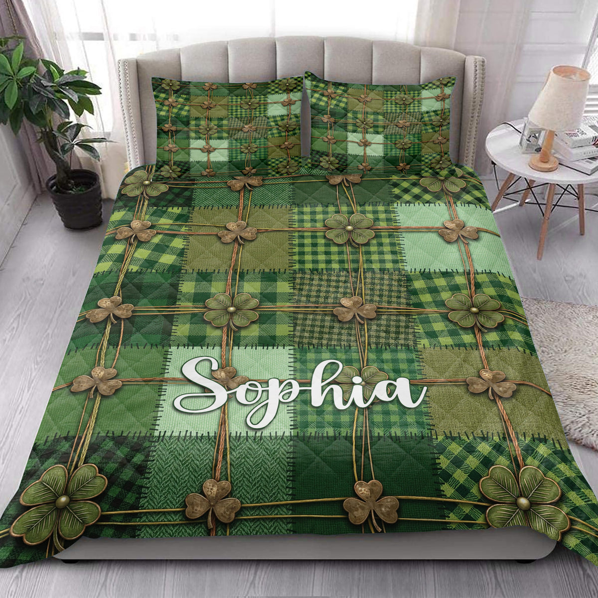 Irish green tartan quilt bedding styled in a bright bedroom with shamrock artwork