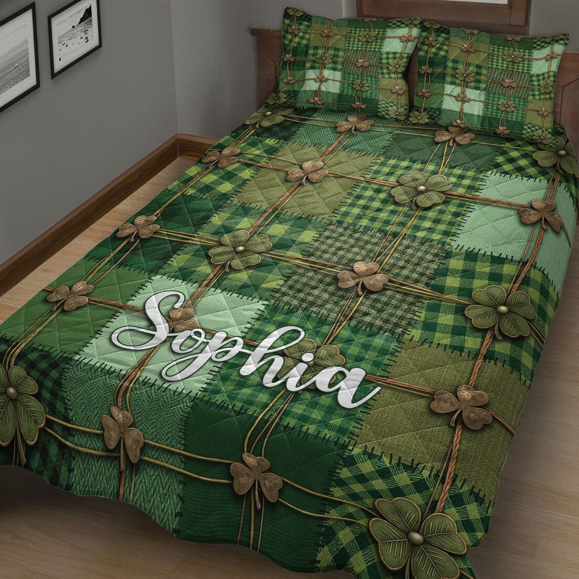 Irish quilt blanket on a bed featuring green patchwork tartan and repeating shamrocks