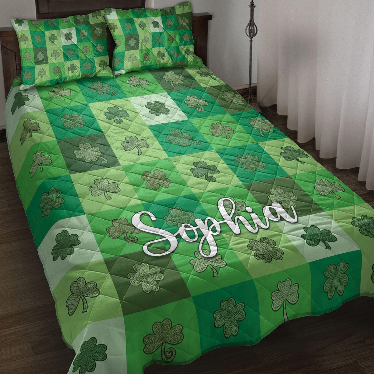 Irish shamrock quilt blanket displayed on a bed with green checkerboard squares and decorative clovers