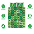 Irish shamrock quilt bedding set shown with green clover squares and feature icons around the bed