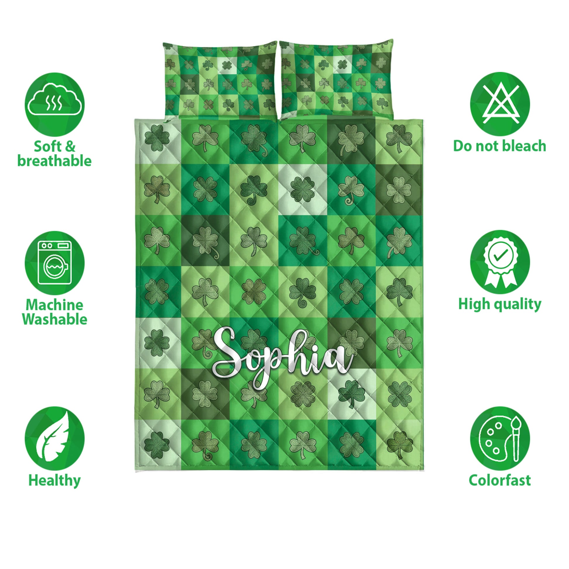 Irish shamrock quilt bedding set shown with green clover squares and feature icons around the bed