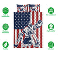 Hockey quilt blanket and pillowcase options shown with goalie artwork, patriotic colors, and product feature icons
