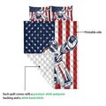 Hockey quilt shown with goalie artwork, printed front, and quilted white reverse construction