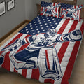 Hockey quilt blanket displayed on a bed with goalie artwork, stars, stripes, and bold patriotic bedroom decor