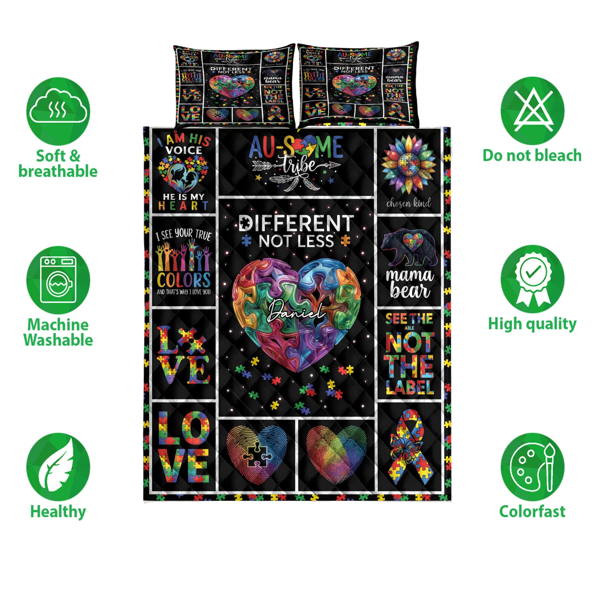 Autism awareness quilt bedding set with colorful puzzle-piece artwork and soft breathable care icons