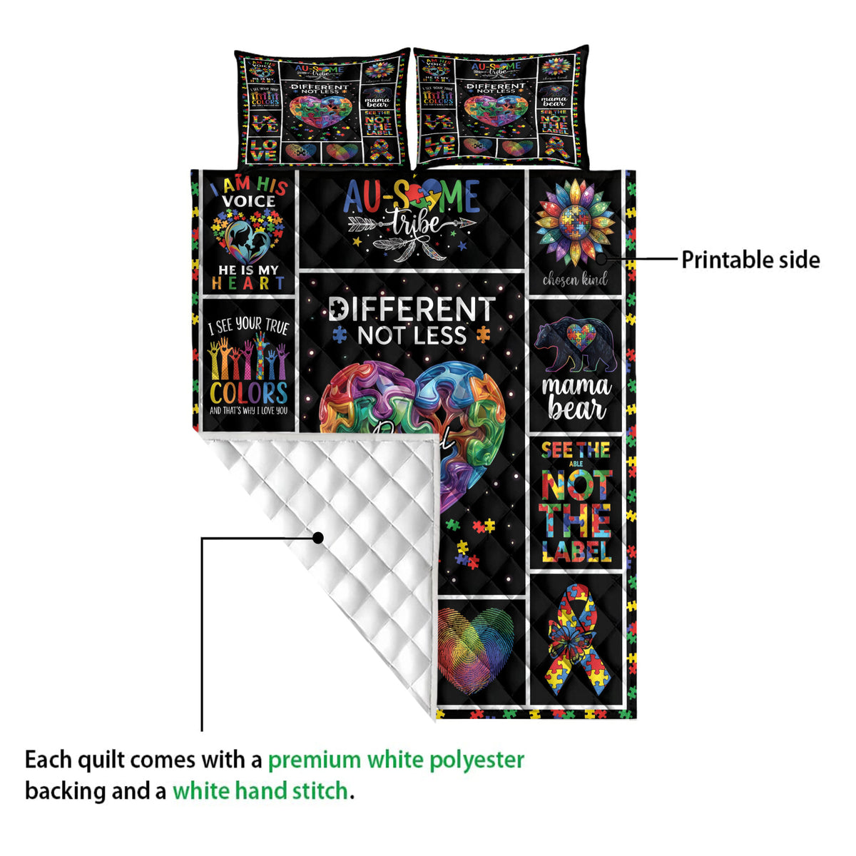 Autism awareness quilt showing the printed front and white quilted reverse side