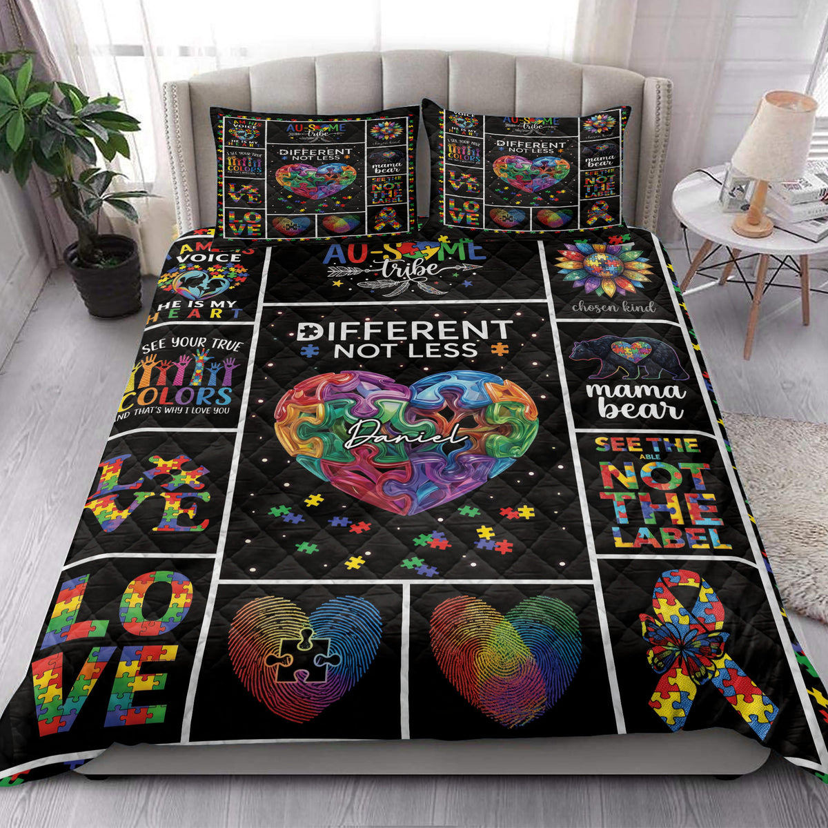 Autism awareness quilt blanket styled in a bright bedroom with colorful puzzle-piece and heart artwork