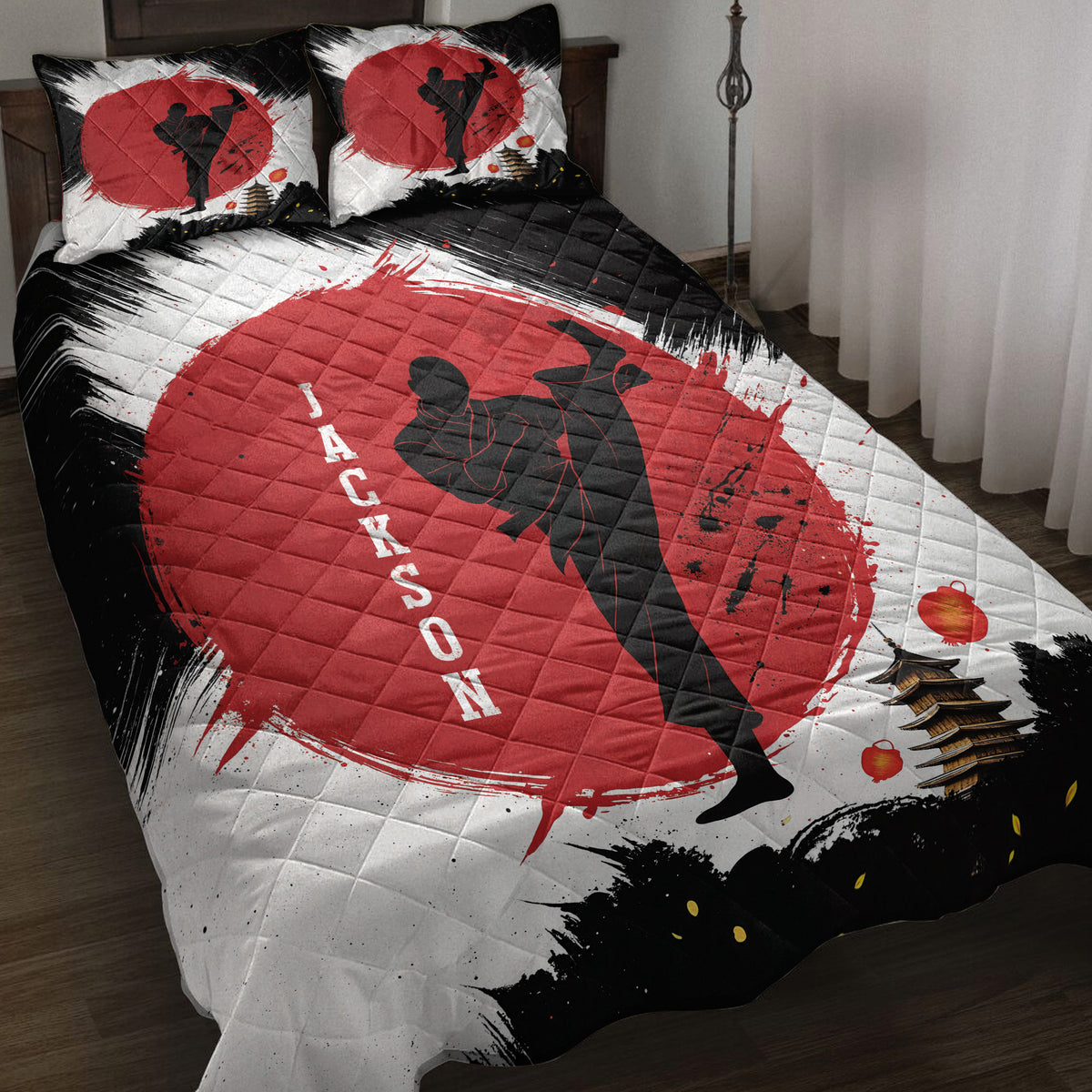Karate quilt blanket displayed on a bed with red, black, and white martial arts artwork