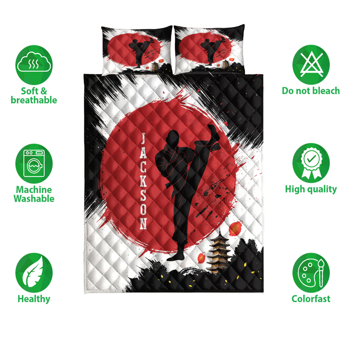 Karate quilt bedding set with martial artist silhouettes, red sun artwork, and pagoda details