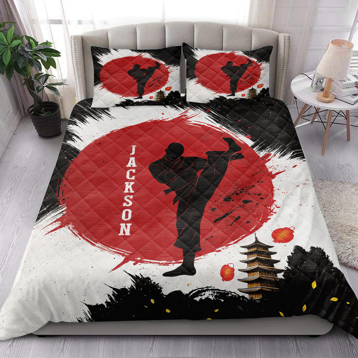 Karate quilt blanket styled in a bright bedroom with bold red and black martial arts artwork