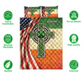 Irish Celtic quilt bedding set shown with shamrock cross artwork and soft, breathable product feature icons