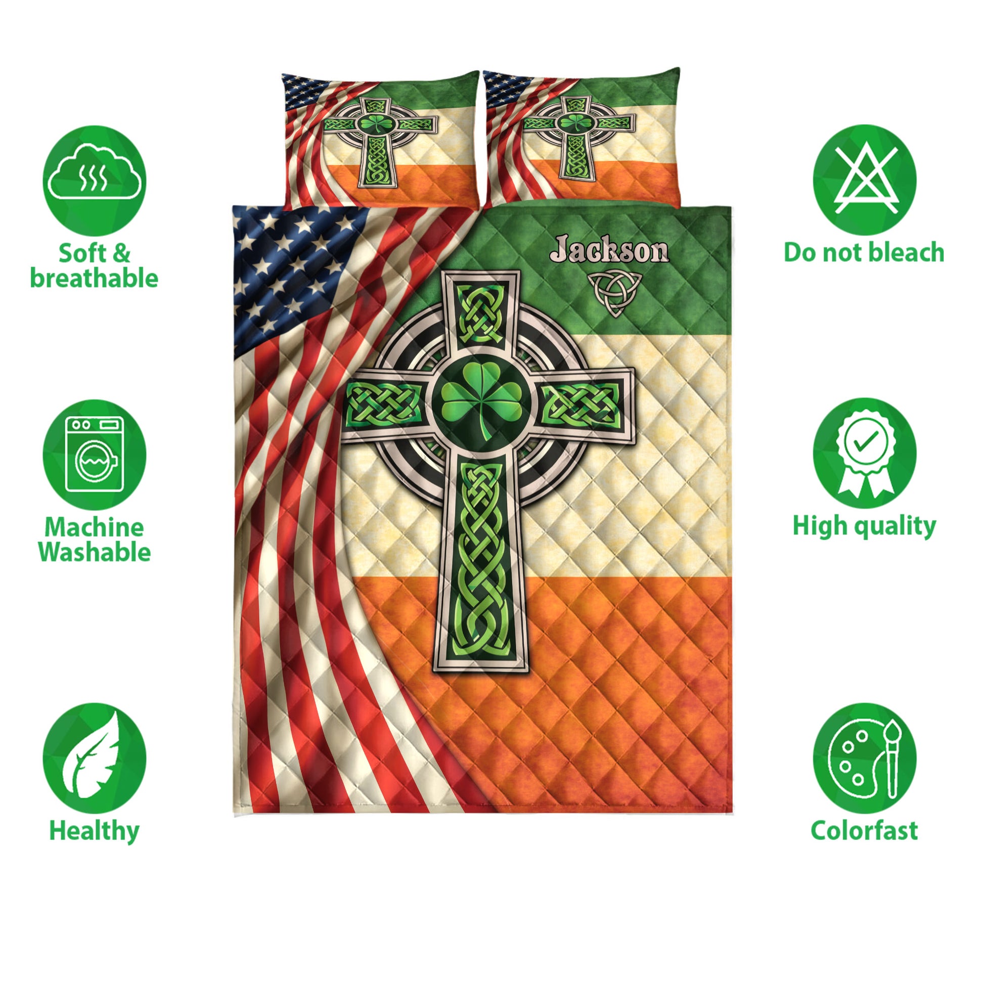 Irish Celtic quilt bedding set shown with shamrock cross artwork and soft, breathable product feature icons